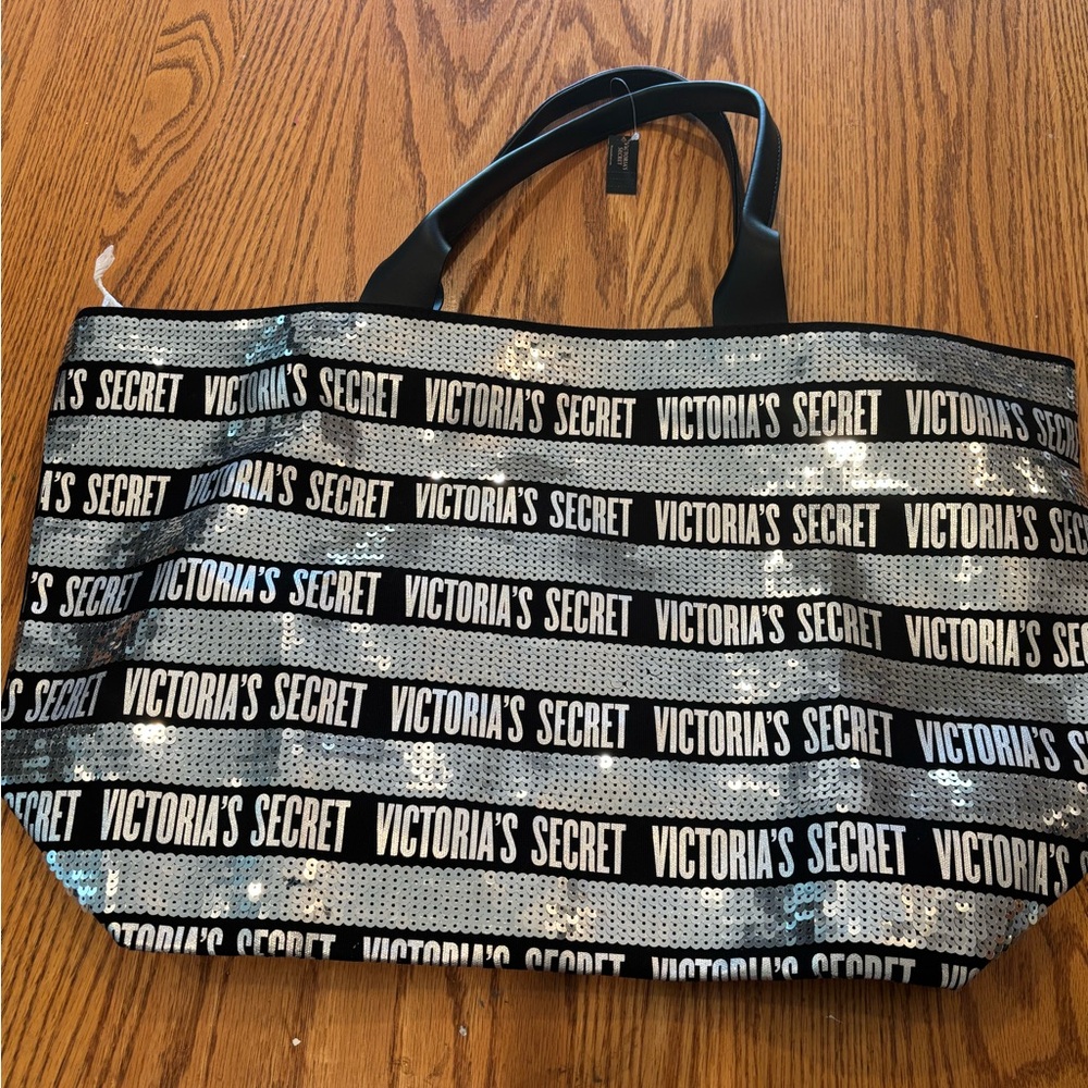 Victoria's Secret Black and Silver Sequin Logo Tote